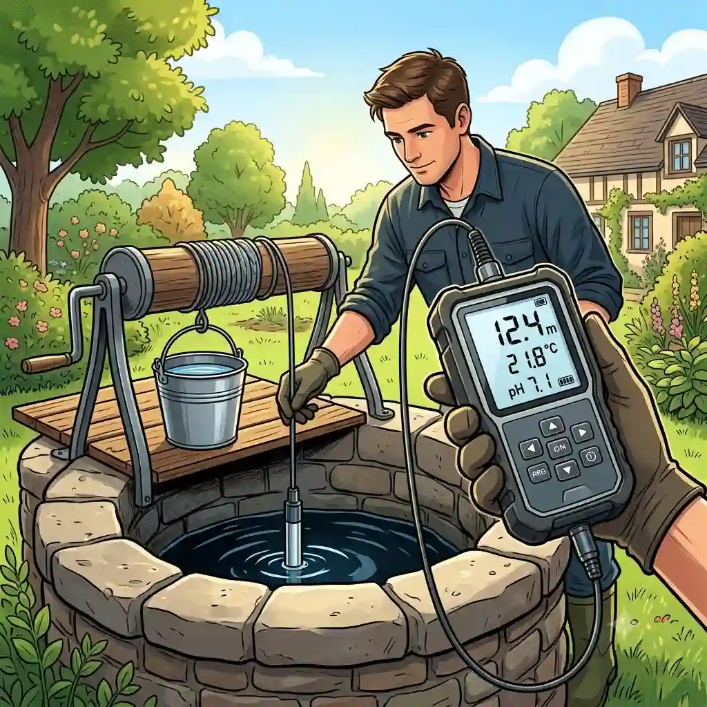 a person tests the water level in a garden well using a handheld wassermessgerät für brunnen