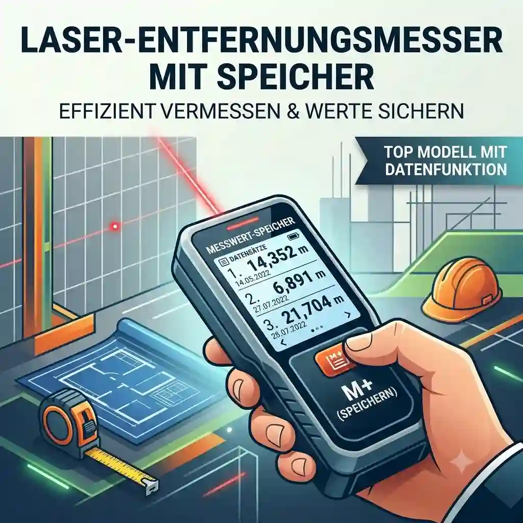 A modern laser entfernungsmesser mit speicher displaying the latest measurement results on a bright digital screen.