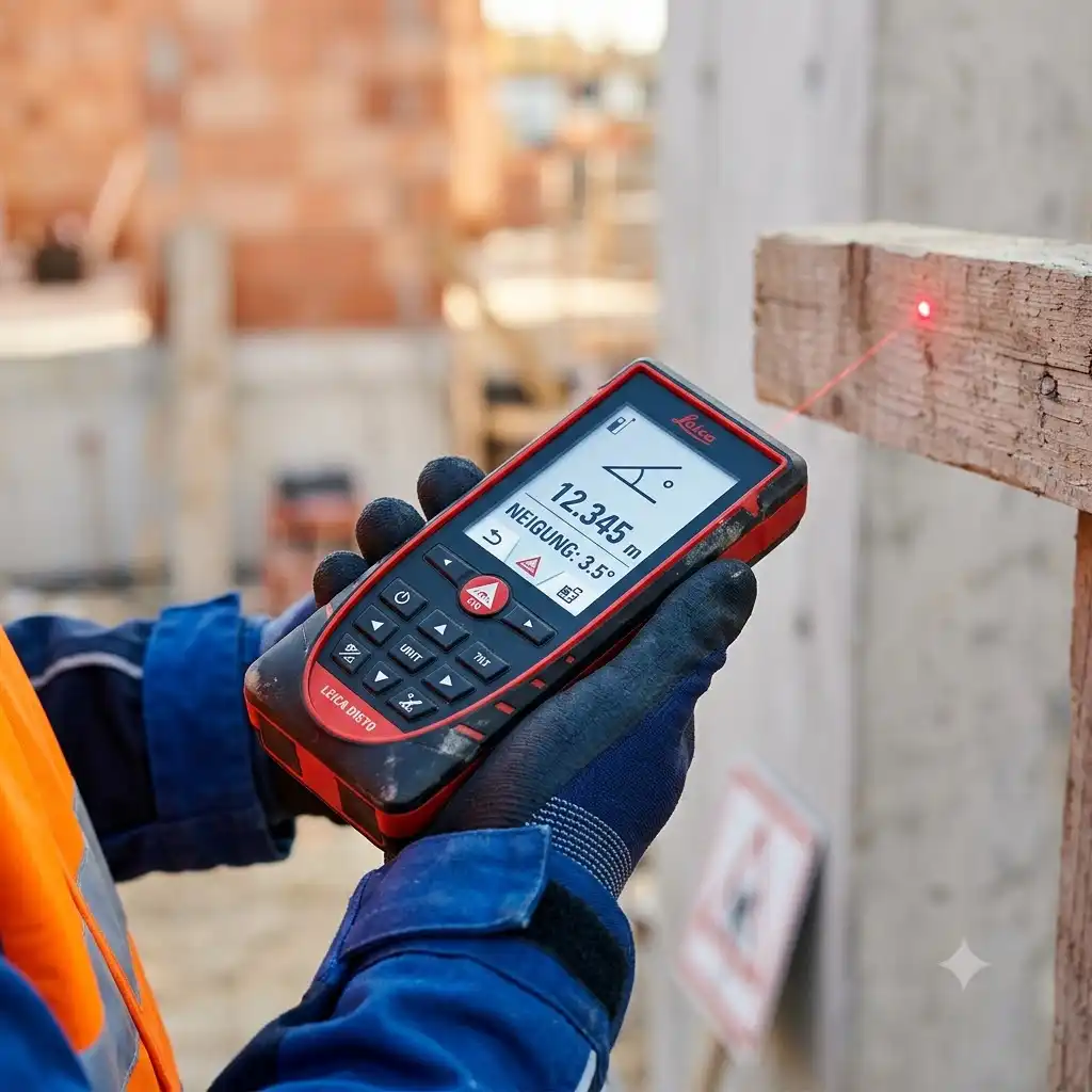 A professional using a laser messgerät mit neigung on a modern construction site for precise distance measurements.