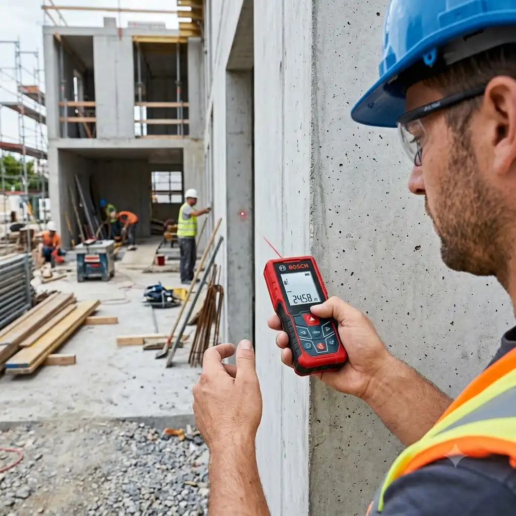 A professional construction worker measuring raw concrete walls with a laser meter für hausbau on an active construction site.