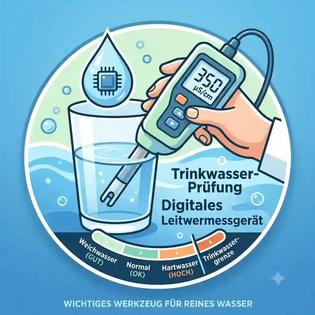 A close-up photograph of a professional leitwertmessgeraet trinkwasser being used to measure the water purity in a clean drinking glass.leitwertmessgerät trinkwasser