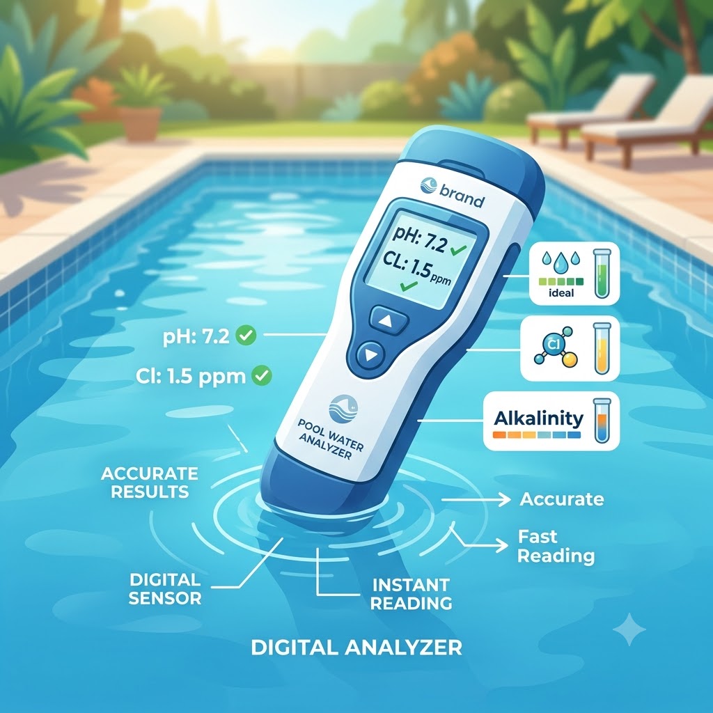 Digital Pool Wasseranalyse Gerät for precise measurement of garden pool water quality.