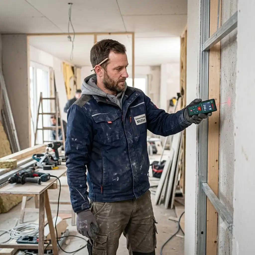 A professional holding an ntfernenungsmesser für handwerker, a precision laser distance measurer, on a construction site with rough interior work. entfernungsmesser für handwerker