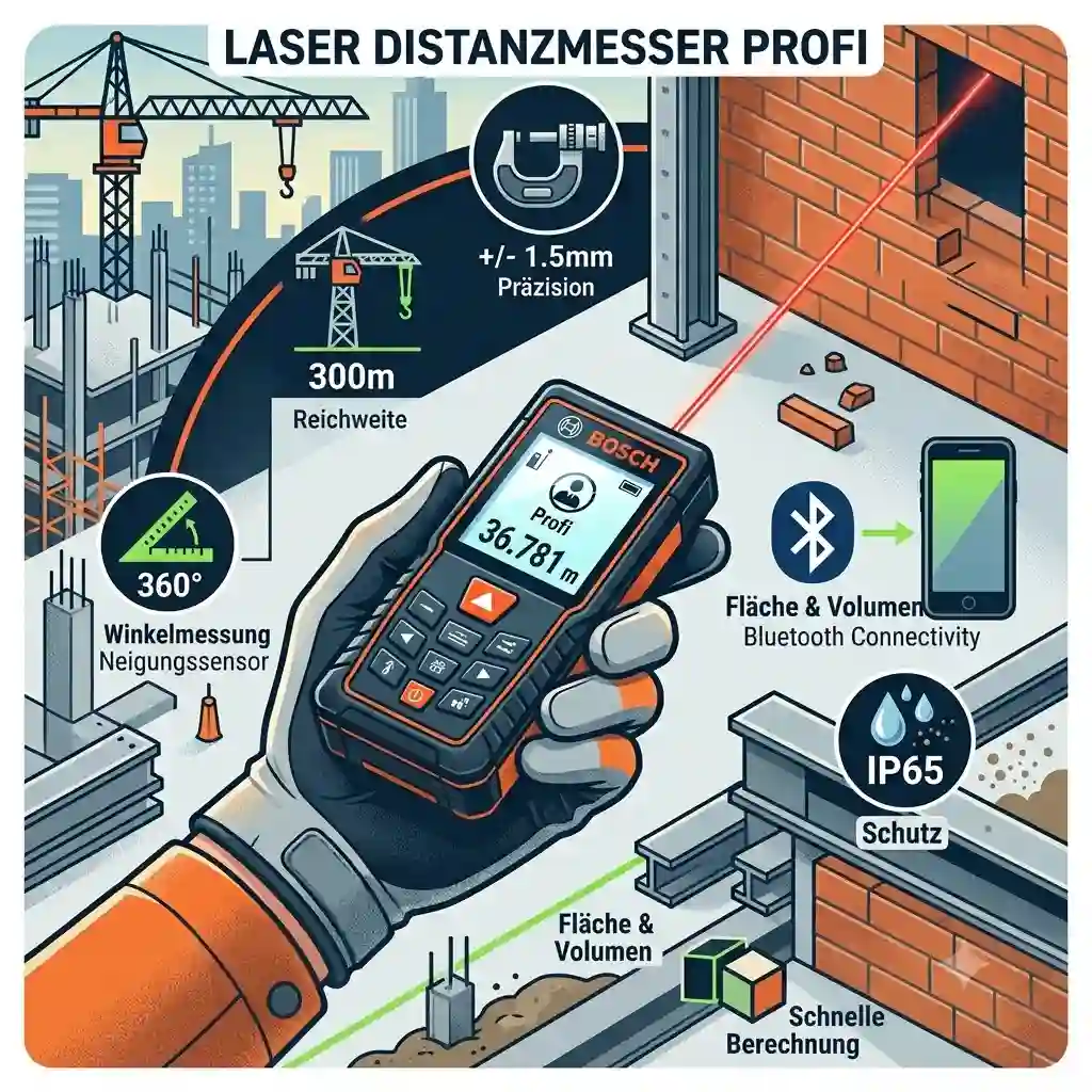 A professional laser distanzmesser profi in use on a modern construction site for precise room measurement.