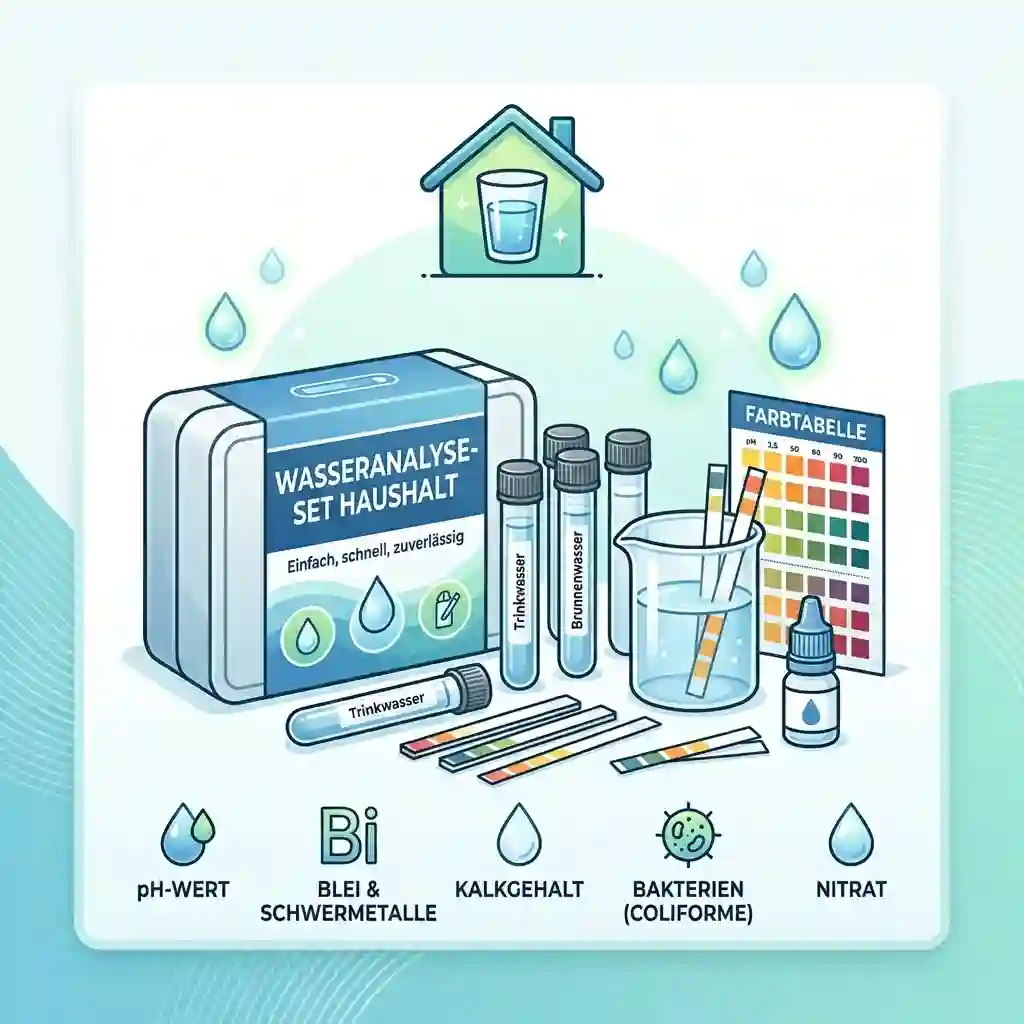 Complete wasseranalyse set haushalt for home water quality testing with test tubes and a reference color chart.