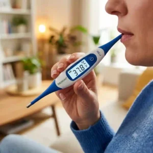 An illustration of a person correctly applying a digital thermometer for adults for an oral temperature measurement.