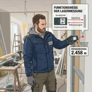 A diagram illustrating the functional principle of an entfernenungsmesser für handwerker, with arrows showing the laser beam path and measurement values.