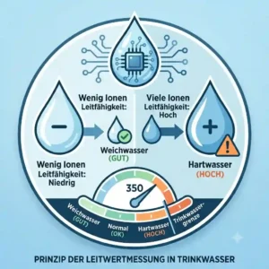 A vector illustration showing the measuring principle of a leitwertmessgeraet trinkwasser, including electrodes, water ions, and the digital display interface.
