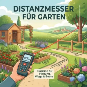 Illustration zur Gartenplanung beim Ausmessen von Blumenbeeten mit einem Laser-Entfernungsmesser