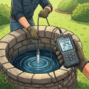 detailed illustration of an electronic probe measuring groundwater level with a wassermessgerät für brunnen