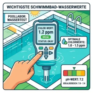 An illustration showing the correct application of a chlor messgerät schwimmbad in a residential pool.