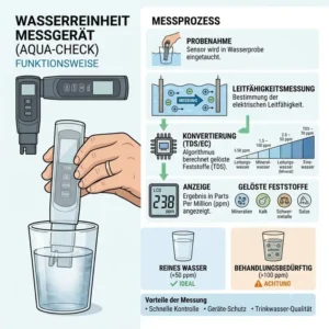 Infografik zur Funktionsweise von einem wasserreinheit messgerät bei der Analyse von gelösten Feststoffen.