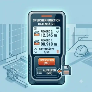 Infographic explaining the function of a laser entfernungsmesser mit speicher with a saved list of historical data points.