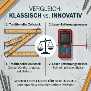 A comparison infographic showing a traditional wooden folding rule versus a modern laser meter für hausbau for speed and accuracy.