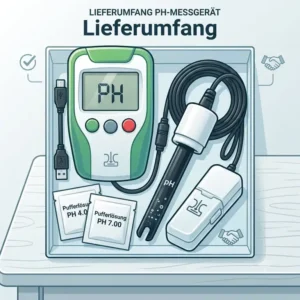 Der komplette Lieferumfang für das ph messgerät aquarium digital inklusive Zubehör und Kalibrierpulver.