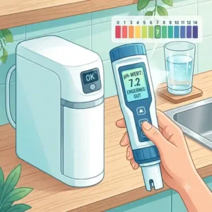 A colorimetric test strip from a water tester für filteranlage displaying the optimal pH value range.