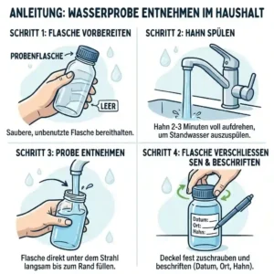 Step-by-step guide illustration showing how to collect a tap water sample using the wasseranalyse set haushalt.