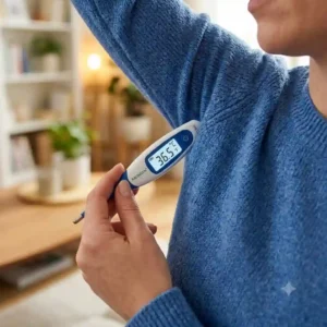 A man taking his temperature with a digital fever thermometer under his arm for an axillary reading.