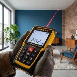 An illustration demonstrating how to use a präziser laser entfernungsmesser to calculate the length of a room.