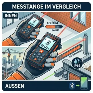A visual comparison of the indoor versus outdoor measuring range of a laser distanzmesser profi.