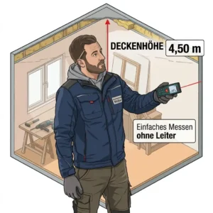 A 3D graphic showing a professional using an entfernenungsmesser für handwerker to easily measure a ceiling height while standing on a ladder.