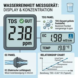 Illustration von einem digitalen wasserreinheit messgerät mit Anzeige von TDS und Leitfähigkeit auf dem Bildschirm.