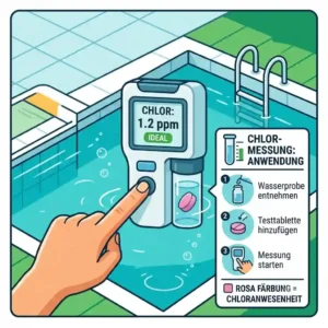 An informative chart displaying ideal pool water values next to a chlor messgerät schwimmbad.