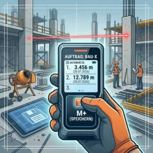 An active construction site illustration featuring a technician using a laser entfernungsmesser mit speicher to quickly measure distances.