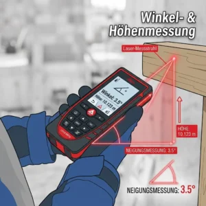Technical illustration demonstrating how a laser messgerät mit neigung measures tilt angles and indirect heights.