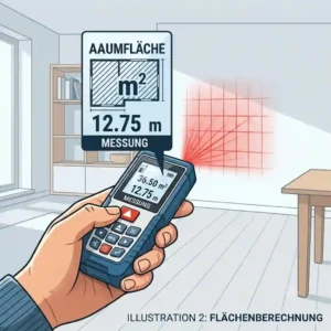 An infographic showing the automatic area calculation function on a laser messgerät für innenräume.
