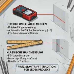 An instructional graphic explaining how to automatically calculate room area and volume with a laser meter für hausbau.