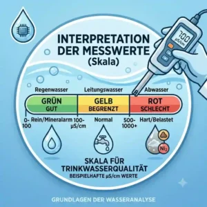 An illustrative guide showing different measurement ranges on a color-coded scale of a leitwertmessgeraet trinkwasser for water quality assessment.