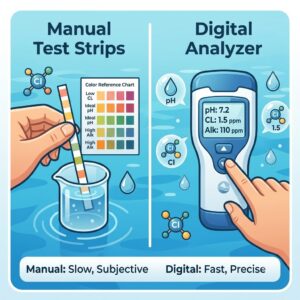 Side-by-side comparison between an electronic Pool Wasseranalyse Gerät and traditional test strips.