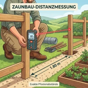 Grafische Darstellung einer Distanzmessung im Garten für die Planung eines neuen Zauns