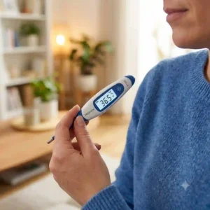 An adult holding a precise digital fever thermometer for adults designed for rectal temperature measurement.