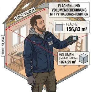 An illustrative chart demonstrating the automatic calculation of area and volume using the integrated Pythagoras function within an entfernenungsmesser für handwerker.
