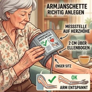 Step-by-step diagram showing how to correctly place the cuff of a blutdruckmessgerät senioren on the upper arm.