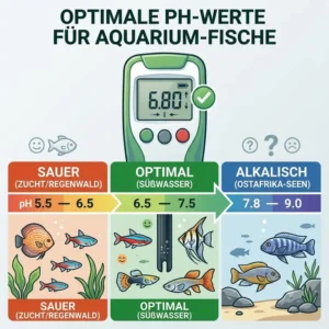 Infografik über die optimalen Wasserwerte für Fische, kontrolliert durch ein ph messgerät aquarium digital.