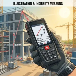 Graphical illustration of a laser distance meter with camera for outdoor measurement at great distances on a building.