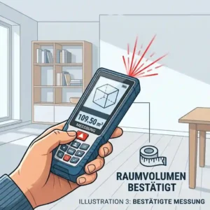 A 3D schematic diagram illustrating the volume calculation method of a laser messgerät für innenräume.
