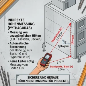 A schematic diagram illustrating how to perform indirect height measurements using the Pythagoras function on a laser meter für hausbau.
