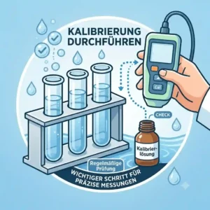 A practical infographic illustration showing the proper calibration steps for a handheld leitwertmessgeraet trinkwasser with a certified solution.