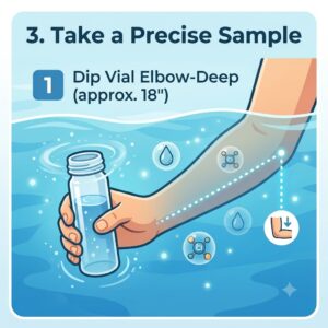 Visual guide showing correct elbow-deep sampling for the Pool Wasseranalyse Gerät.