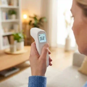 A contactless infrared forehead thermometer being used on an adult for a touch-free measurement.