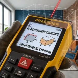 An educational illustration showing the area and volume calculation capabilities of a präziser laser entfernungsmesser.