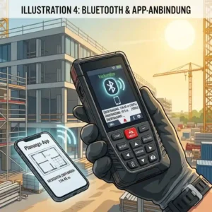 Illustration of a laser distance meter with camera and Bluetooth function for data transfer to a smartphone app.