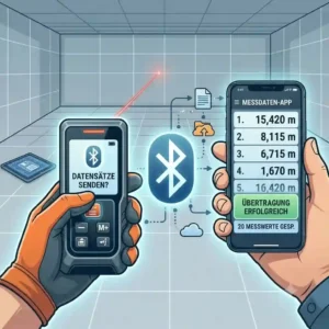 A laser entfernungsmesser mit speicher transferring its logged measurements via Bluetooth connectivity directly to a smartphone app.