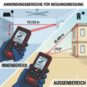Comparison graphic showing indoor and outdoor application scenarios for a laser messgerät mit neigung.