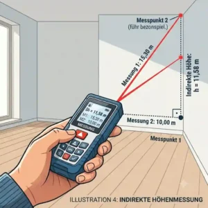 An illustration of an indirect height measurement on a wall using the Pythagoras function of a laser messgerät für innenräume.