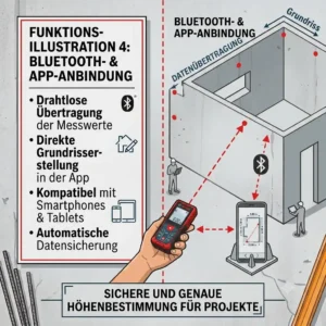 A technical illustration showing a laser meter für hausbau transferring measurement data via Bluetooth to a smartphone floor plan app.